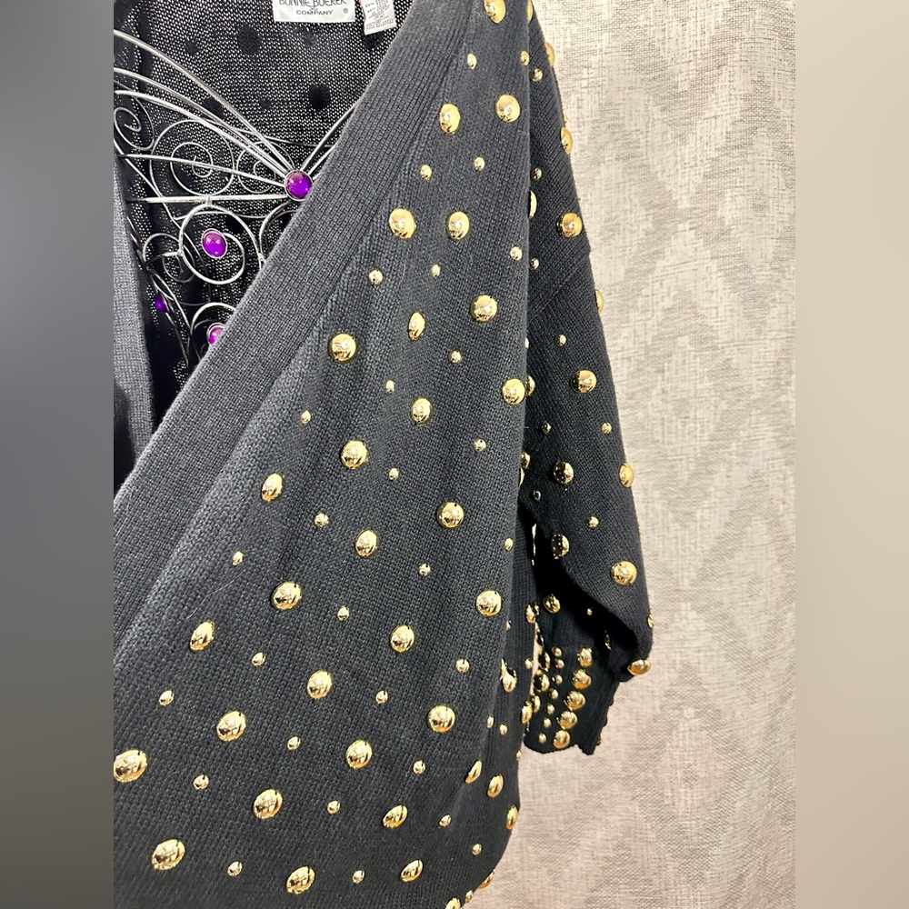 Vintage Bonnie Boerer & Company gold studded black knit cardigan size M - Picture 5 of 10
